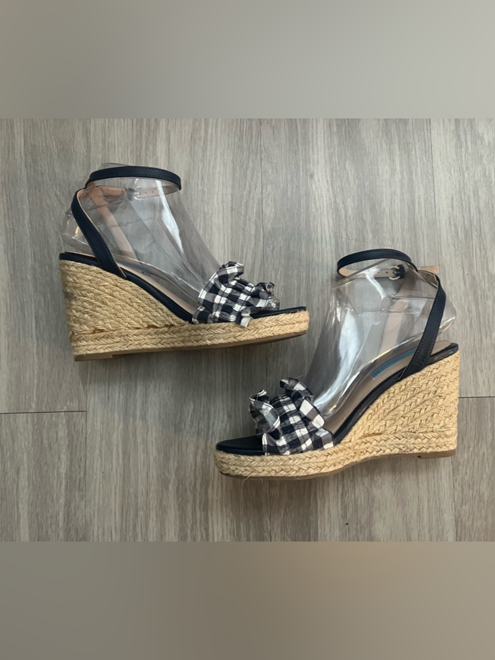 Draper James Gingham Ruffle Espadrille Wedge Sandals Size 7 Ankle Strap Preppy